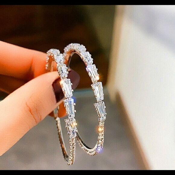 18kt White Gold PLATED CZ Diamond Hoop Earrings - Picture 6 of 9